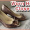 1 Minute Shoe and Tell – Glitter Gold Peep Toes Heels – Worn Old Used Shoes Closeup