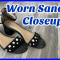 1 Minute Shoe and Tell – Black Straps Sandal Heels – Worn Used Old Shoes Closeup, Toe Print